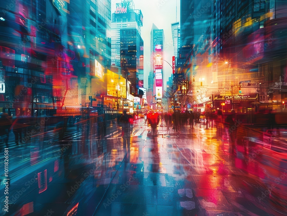 Fototapeta premium Busy city street with dynamic scenes, lively and vibrant, Urban, Bright hues, Photograph, City life