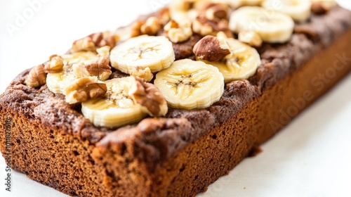 A close-up of freshly baked vegan banana bread, topped with sliced bananas and nuts, showcasing its moist interior against a bright white background.