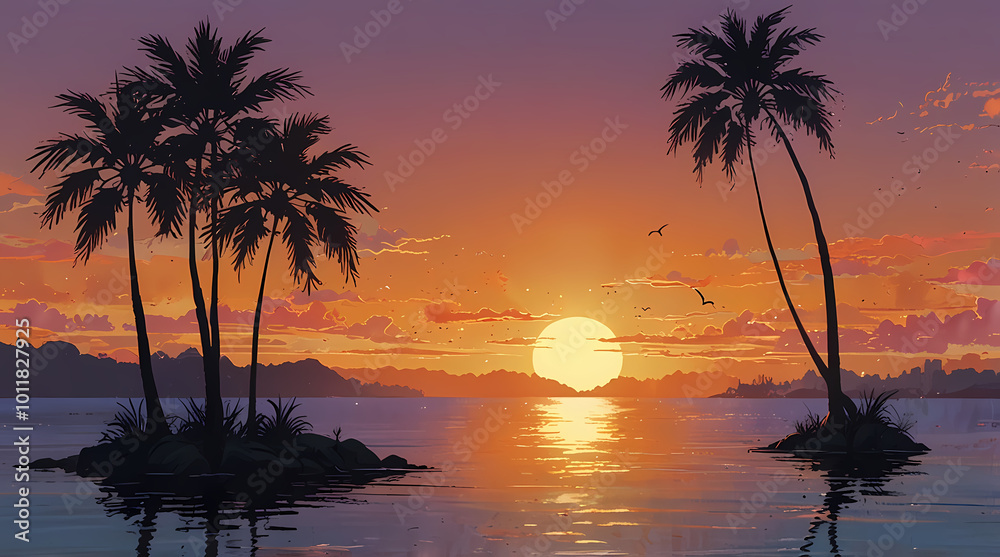 Obraz premium Vibrant Anime-Inspired Sunset with Silhouetted Palm Trees and Golden Waves