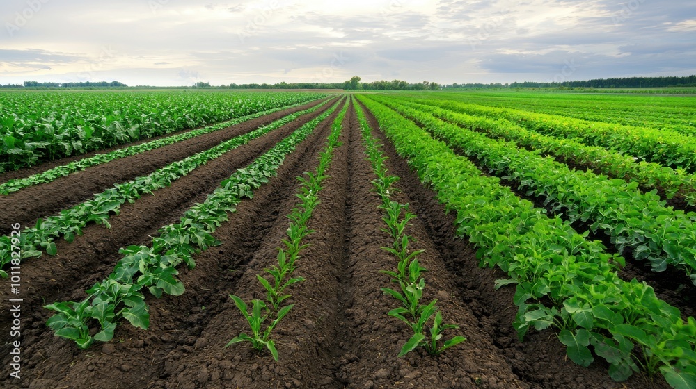 Vibrant Rows of Crops in Fertile Agricultural Field Vibrant Rows of Crops in Fertile Agricultural Field