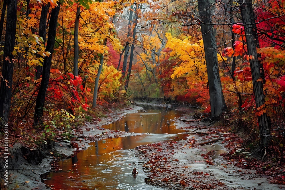 A narrow creek winding through a forest, its banks lined with trees displaying bright autumn colors A narrow creek winding through a forest, its banks lined with trees displaying bright autumn colors