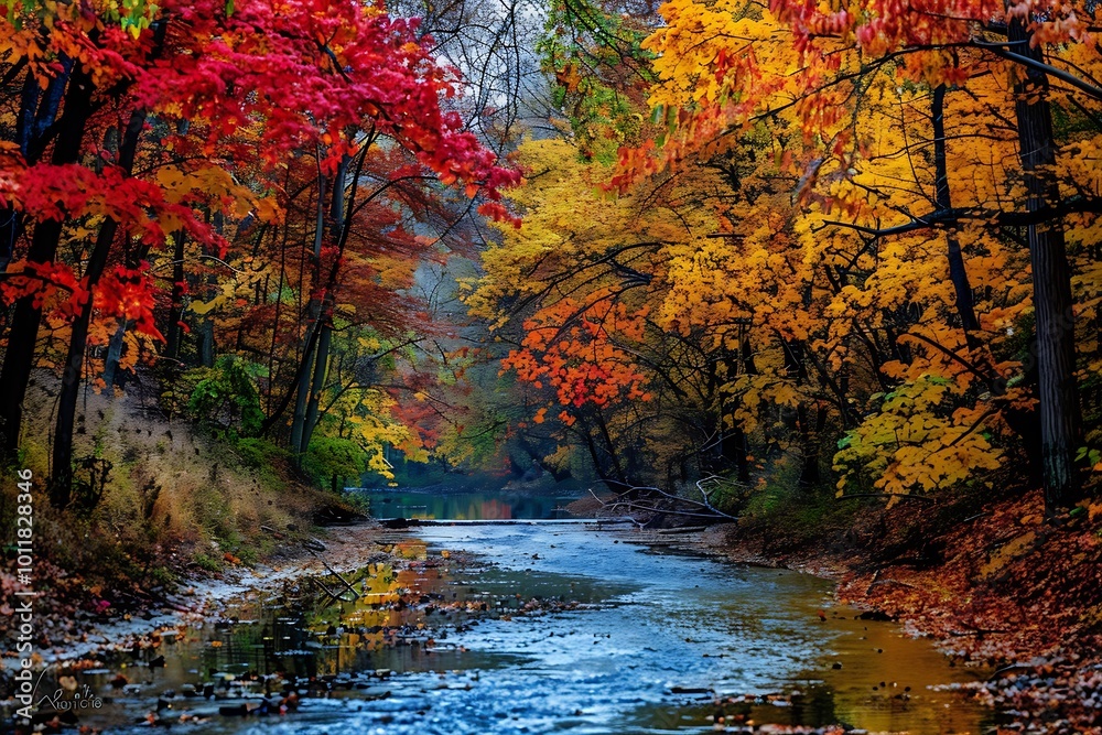 A narrow creek winding through a forest, its banks lined with trees displaying bright autumn colors