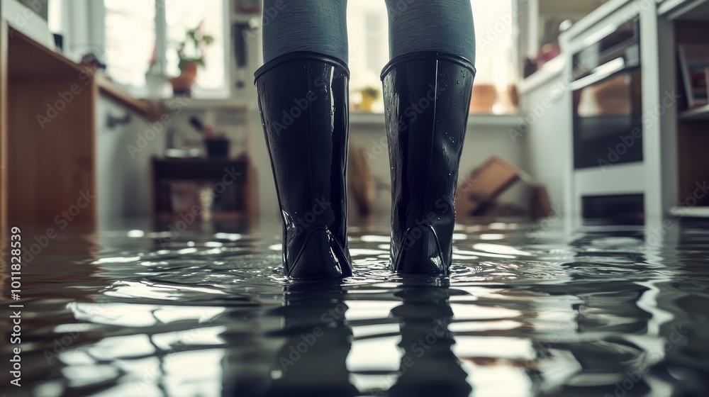 Fototapeta premium A person stands in flooded water wearing rubber boots in a home setting.