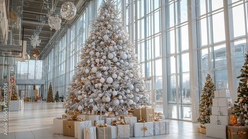 A large Christmas tree stands in a spacious room, with gifts in colorful boxes under it. Christmas tree. Boxes with gifts for children.