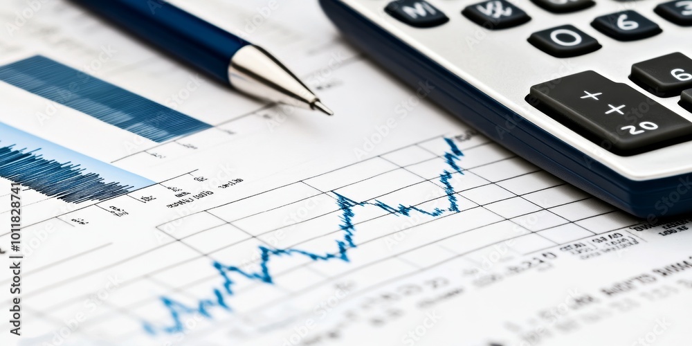 Business Financial Planning: Depict a clean, professional workspace with financial charts, graphs, and a calculator, representing strategic planning and finance managemen Business Financial Planning: Depict a clean, professional workspace with financial charts, graphs, and a calculator, representing strategic planning and finance managemen