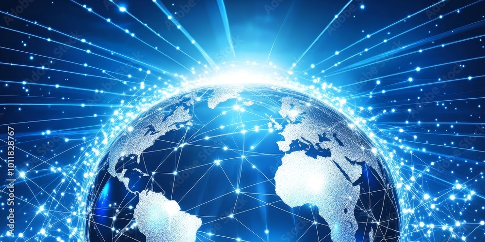 Fototapeta premium Digital Communication Globe: Depict a bright globe covered in a web of lines representing communication channels such as phone networks, internet signals, or wireless con