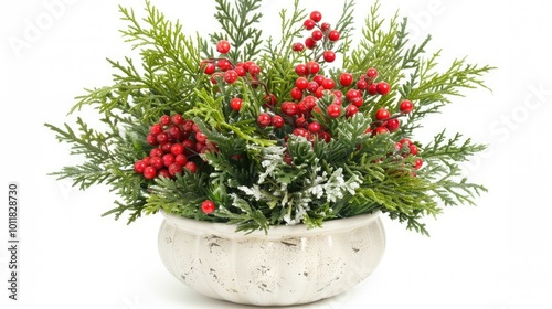 Futuristic Christmas floral arrangement with red berries and green cypress branches 