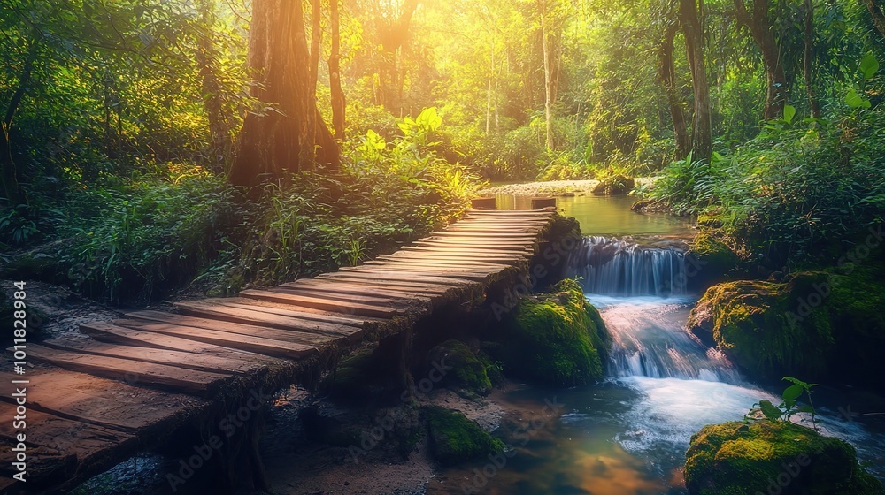 Tranquil Forest Stream with Wooden Bridge Tranquil Forest Stream with Wooden Bridge