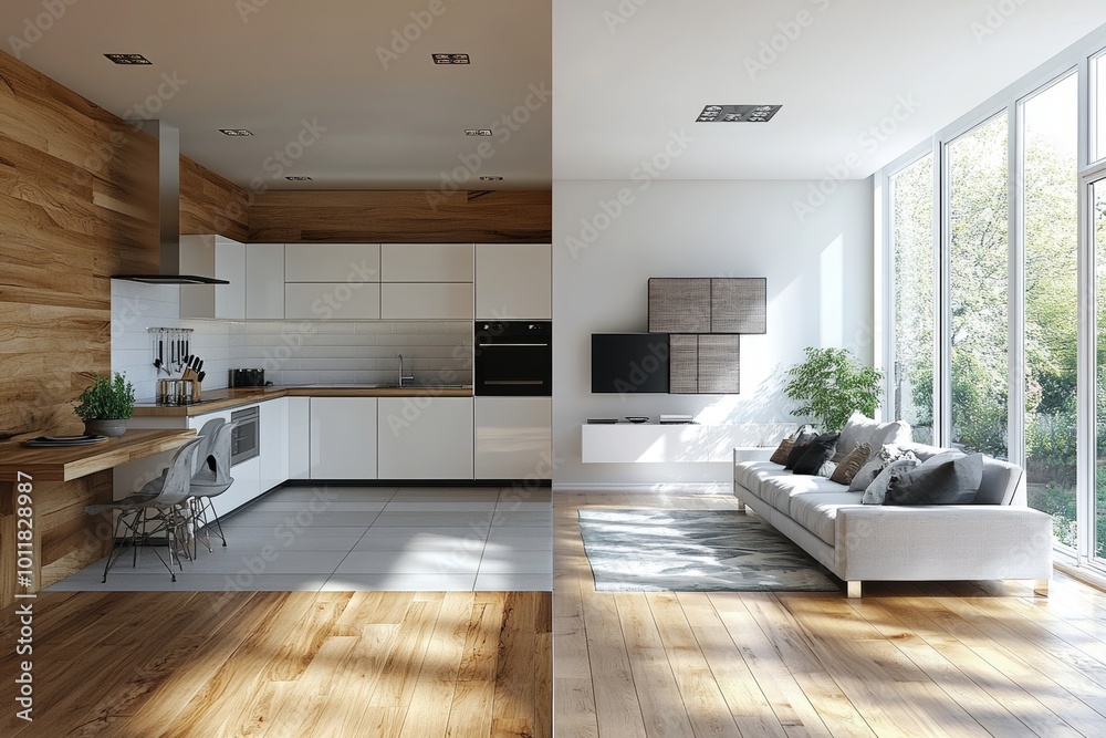 Fototapeta premium Before And After Of Modern Kitchen Apartment Room, Generative AI