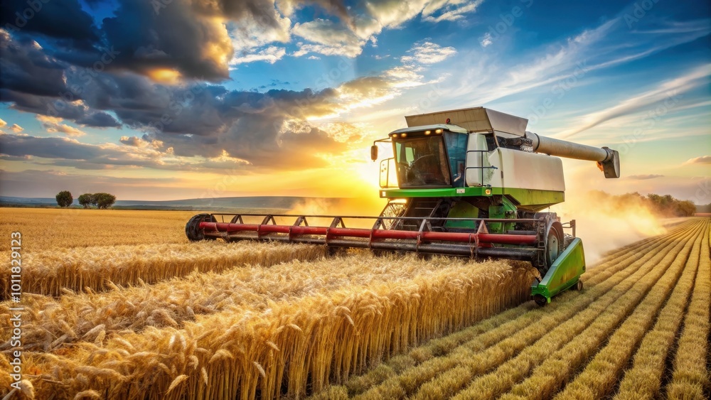 Obraz premium Combine harvester in action on a lush wheat field, agriculture, farming, machinery, equipment, harvest, wheat