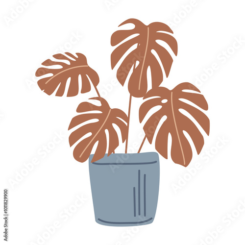 Monstera is a homemade flower in a pot. Vector illustration in hand-drawn style, isolated on a white background for postcards, decor, print