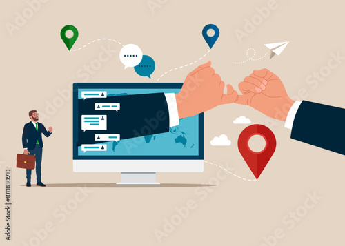 Oath with hands on the little fingers, via screen computer. Online conclusion of the transaction, the opening of a new startup. Flat vector illustration.