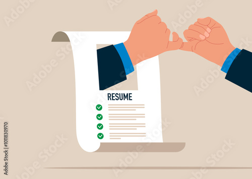 Make peace with hand gesture joining pinkies swear not to argue or quarrel. Candidate get new job with best resume. Modern vector illustration in flat style.