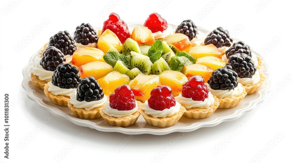 A delightful image of mini fruit tarts arranged on a platter, showcasing their vibrant colors and fresh fruit toppings against a clean white background for a festive look. A delightful image of mini fruit tarts arranged on a platter, showcasing their vibrant colors and fresh fruit toppings against a clean white background for a festive look.