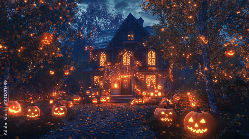 Atmospheric Nighttime House with Vibrant Halloween Pumpkins and Creative Decorations Atmospheric Nighttime House with Vibrant Halloween Pumpkins and Creative Decorations