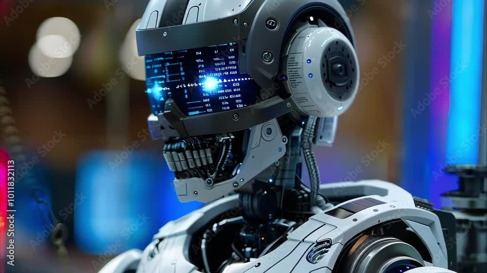 A futuristic robot with a sleek design, featuring a digital display for a face and blue illuminated eyes. A futuristic robot with a sleek design, featuring a digital display for a face and blue illuminated eyes.