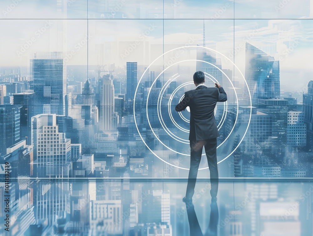 Obraz premium Businessman Drawing Bullseye on Glass Wall with City Skyline Backdrop Symbolizing Precise Goal Setting