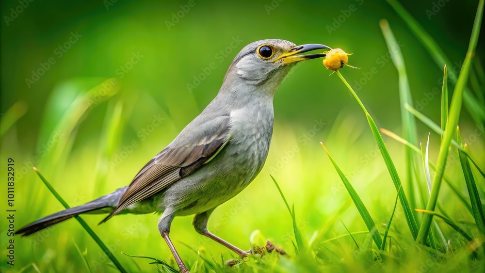 A Gray Bird Perched on Green Grass with a Grasshopper in Its Beak Captured in Nature's Setting A Gray Bird Perched on Green Grass with a Grasshopper in Its Beak Captured in Nature's Setting