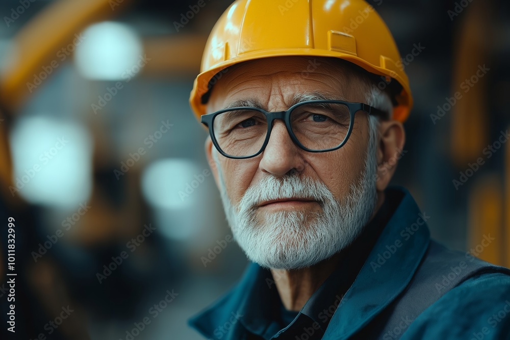 Man wearing a yellow hard hat and glasses. He is wearing a blue shirt and a blue jacket. senior worker at the factory
