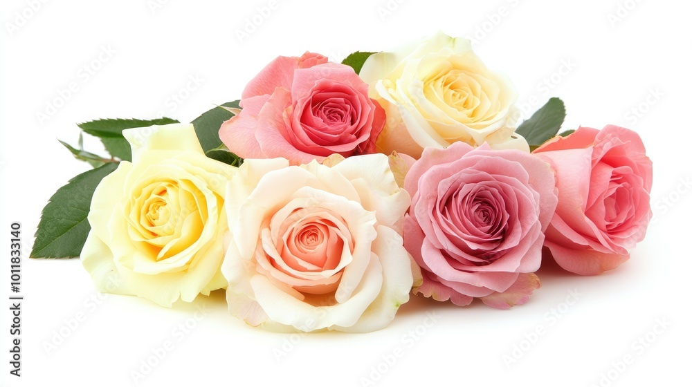 A graceful arrangement of assorted roses in different colors, including pink, yellow, and white, beautifully displayed against a clean white background for a fresh look. A graceful arrangement of assorted roses in different colors, including pink, yellow, and white, beautifully displayed against a clean white background for a fresh look.