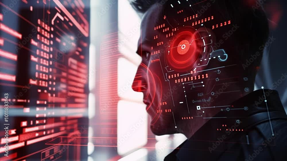 Security engineer is using ai facial recognition software to analyze a data breach, with red alert lights flashing on his face