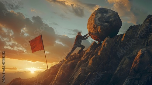 Businessman Pushing Boulder Uphill Toward Distant Flag Symbolizing Perseverance and Determination to Reach Goal