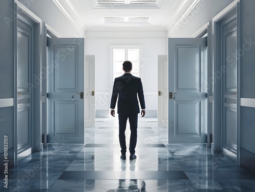 Corporate Leader Navigating Hallway of Doors Toward Goals and Objectives