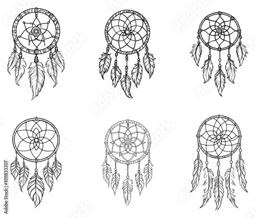 Minimalist vector depiction of a dream catcher outline, ideal for spiritual graphics.

