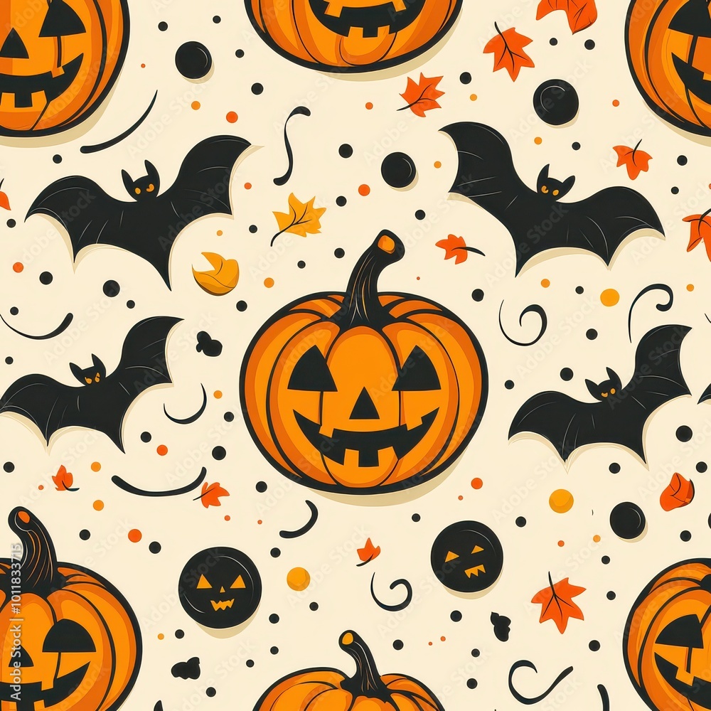 Halloween pattern with pumpkins, bats, and autumn leaves