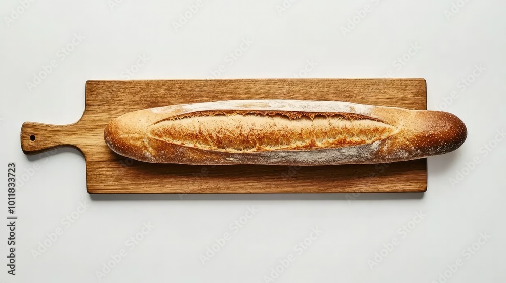A minimalist image of a single vegan baguette resting on a wooden cutting board, isolated against a bright white background to highlight its artisan appeal. A minimalist image of a single vegan baguette resting on a wooden cutting board, isolated against a bright white background to highlight its artisan appeal.
