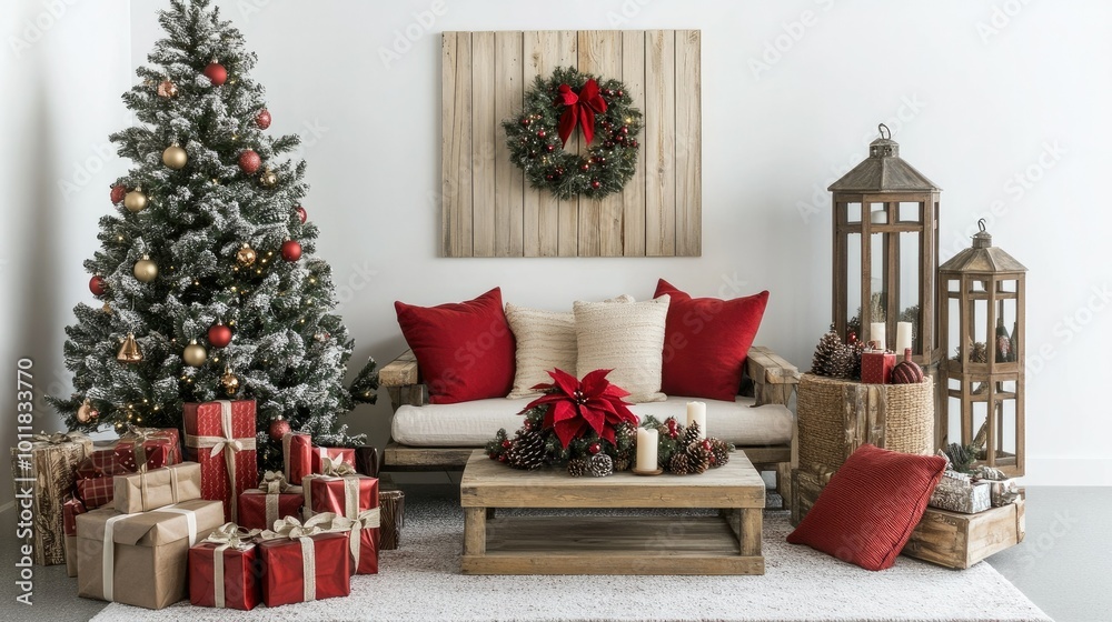 A modern holiday living room scene with a well-decorated Christmas tree, wooden lanterns, red pillows, and gifts, all arranged on a white background for a festive template. A modern holiday living room scene with a well-decorated Christmas tree, wooden lanterns, red pillows, and gifts, all arranged on a white background for a festive template.