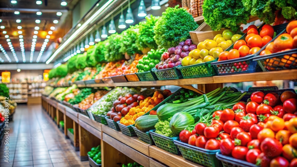 Aisles of Fresh Produce and Groceries Inside a Modern Supermarket with Bright Lighting and Displays Aisles of Fresh Produce and Groceries Inside a Modern Supermarket with Bright Lighting and Displays