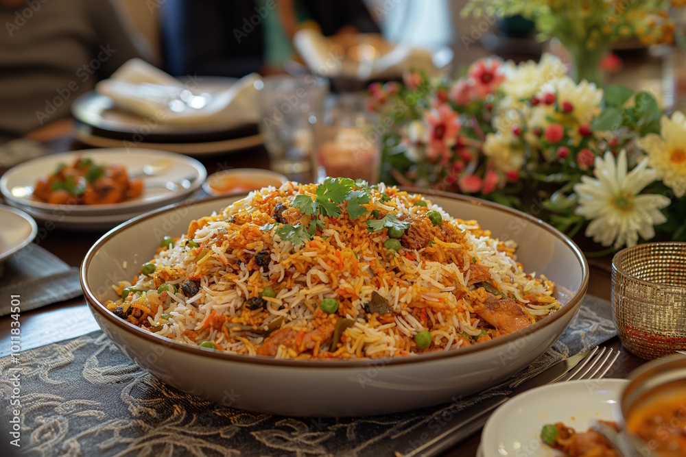 A bowl of freshly prepared biryani with chicken and peas, served on a beautifully arranged table with flowers. Concept of homemade meals and festive dining A bowl of freshly prepared biryani with chicken and peas, served on a beautifully arranged table with flowers. Concept of homemade meals and festive dining