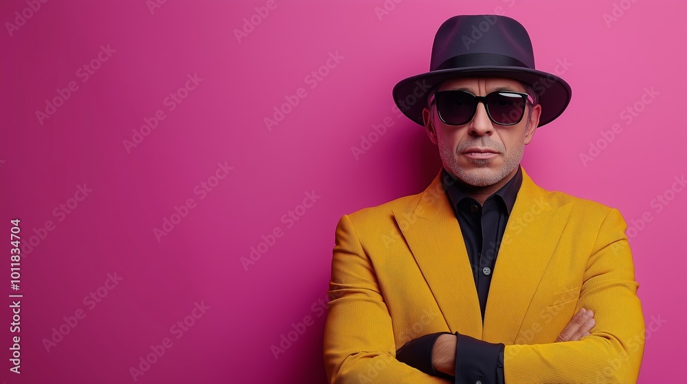 Man wearing a black hat and sunglasses. He is standing in front of a pink wall. He is wearing a black shirt and a yellow jacket. under cover boss tv program, man with an bad disguise, humoristic Man wearing a black hat and sunglasses. He is standing in front of a pink wall. He is wearing a black shirt and a yellow jacket. under cover boss tv program, man with an bad disguise, humoristic