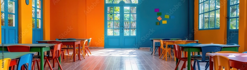 Fototapeta premium School classroom with dynamic scenes, vibrant and inviting, Education, Bright hues, Photograph, Learning environment