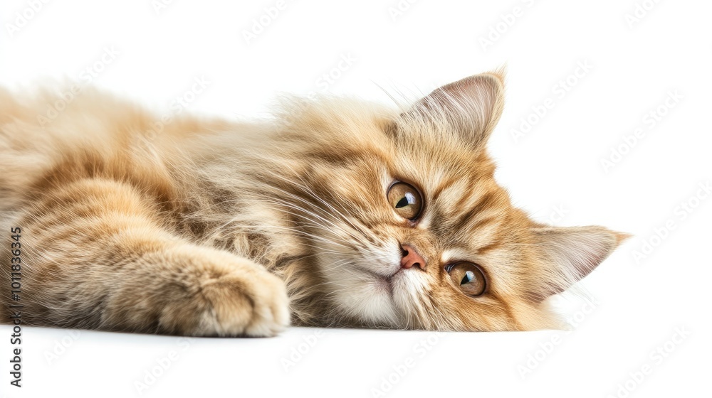 Fototapeta premium A serene portrait of a fluffy Persian cat lounging comfortably, showcasing its luxurious fur and expressive eyes, isolated on a bright white background for a classic look.