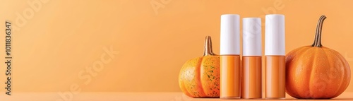 Orange themed skincare products with pumpkins on a bright, warm background. photo