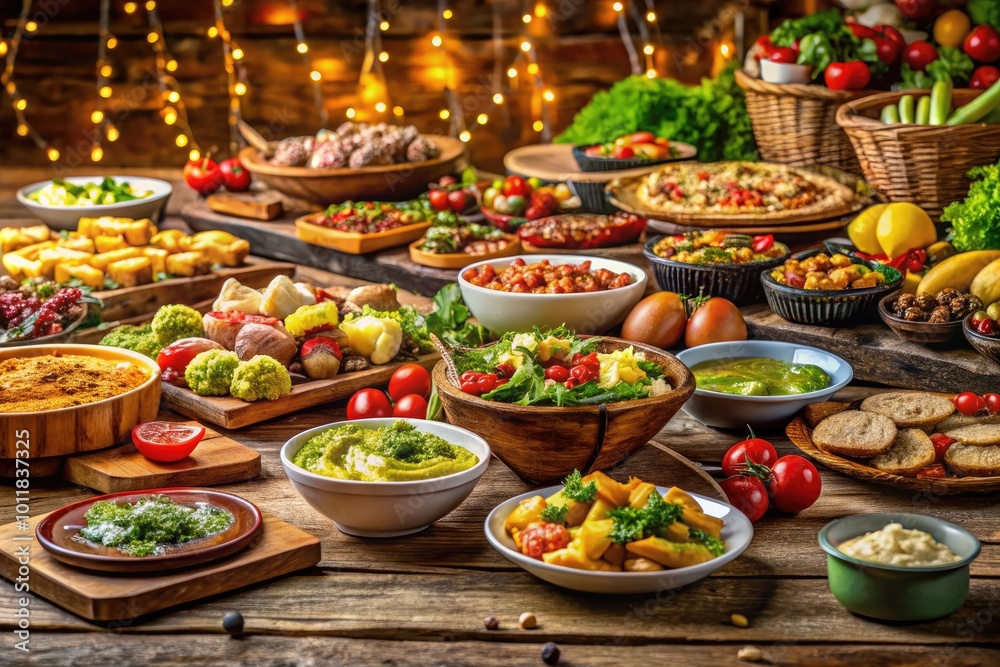 Fototapeta premium An Abundant Buffet Spread Featuring Various Dishes and Fresh Ingredients on a Rustic Wooden Table