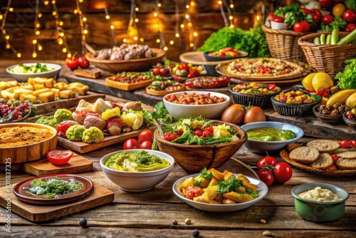 An Abundant Buffet Spread Featuring Various Dishes and Fresh Ingredients on a Rustic Wooden Table