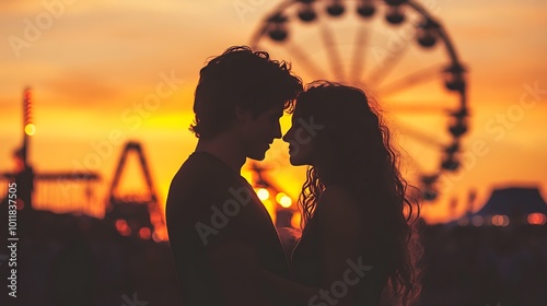 Silhouetted couple at a carnival sunset, Ferris wheel in background