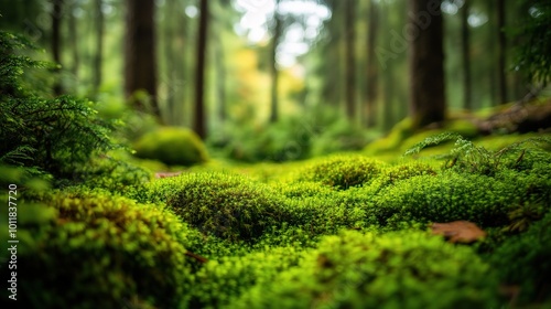 Lush Green Forest Floor with Moss and Trees