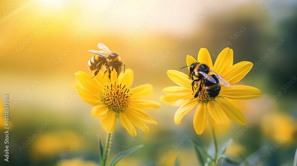 Bees Pollinating Yellow Flowers in Natural Setting Bees Pollinating Yellow Flowers in Natural Setting