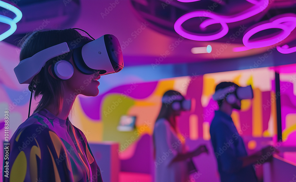 People wearing VR headsets and using computers in a neon-lit room, representing virtual reality and immersive technology experiences. People wearing VR headsets and using computers in a neon-lit room, representing virtual reality and immersive technology experiences.