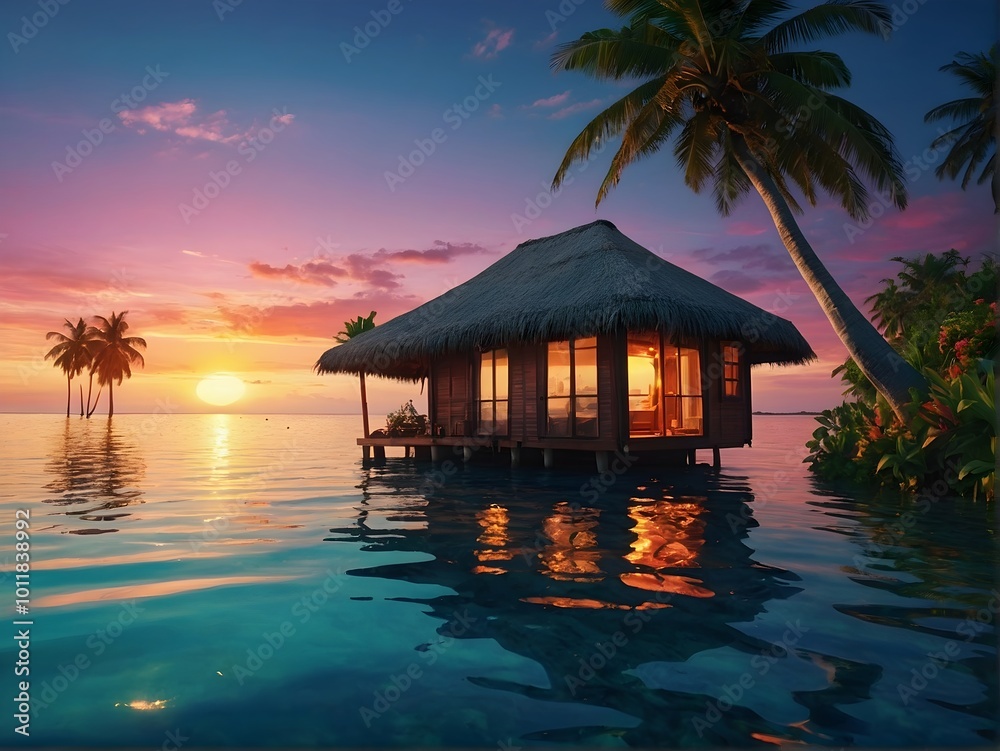 Experience the Serenity of a Tropical Beachfront Bungalow at Stunning Sunset Hours Experience the Serenity of a Tropical Beachfront Bungalow at Stunning Sunset Hours