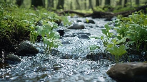 Tranquil Stream Flowing Through Lush Greenery