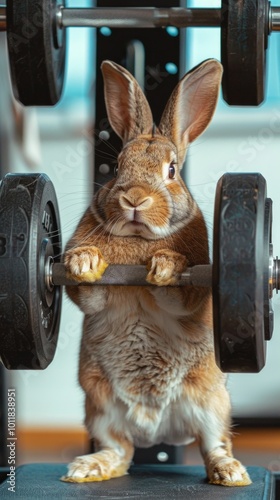 A focused rabbit in a gym interacts with a barbell on a bench. The humorous scene shows the rabbit as if weightlifting. Background blurry.
