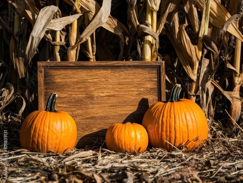 Three pumpkins with a wooden sign, surrounded by corn stalks, autumn harvest scene. photo