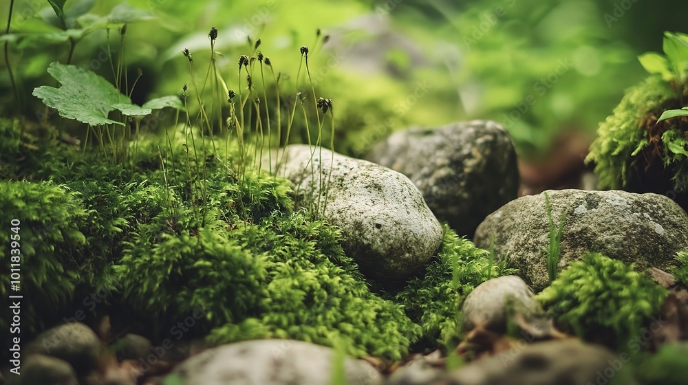 Tranquil Nature Scene with Green Moss and Stones Tranquil Nature Scene with Green Moss and Stones