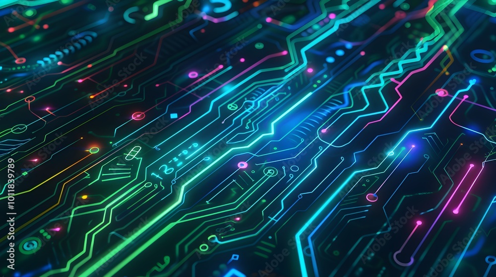 Neon Green, Blue and Pink Technology Circuit Board Featured in a Futuristic Abstract Background in 3d Neon Green, Blue and Pink Technology Circuit Board Featured in a Futuristic Abstract Background in 3d