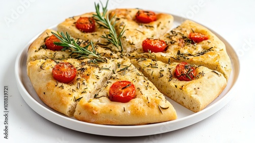 A vibrant image of a sliced vegan focaccia topped with herbs and cherry tomatoes, beautifully presented on a white plate against a stark white background.